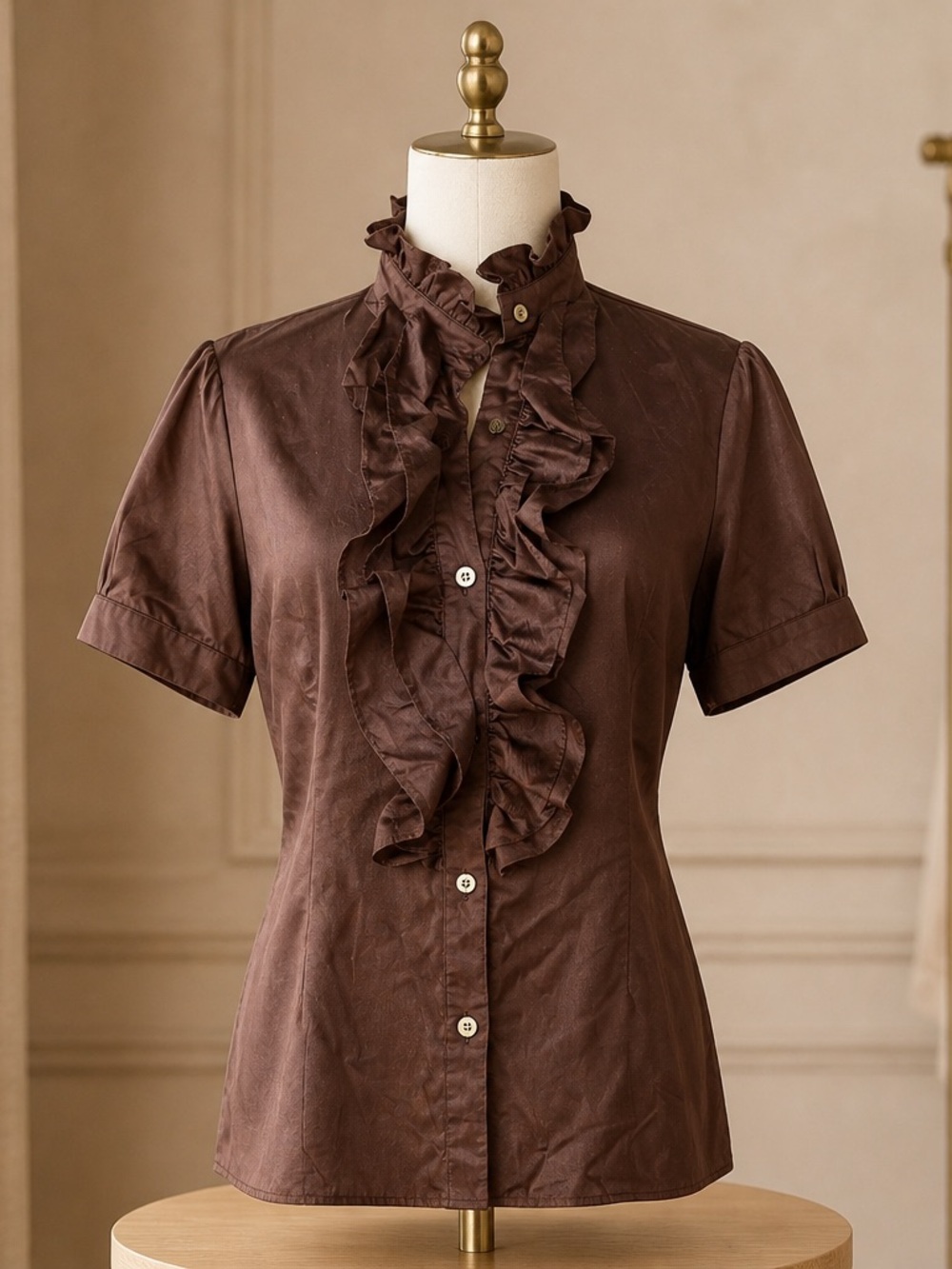 Pink Tartan Brown Ruffled Short-Sleeve Button-Down Blouse Sz 12 p2p: 22” - Picture 5 of 5